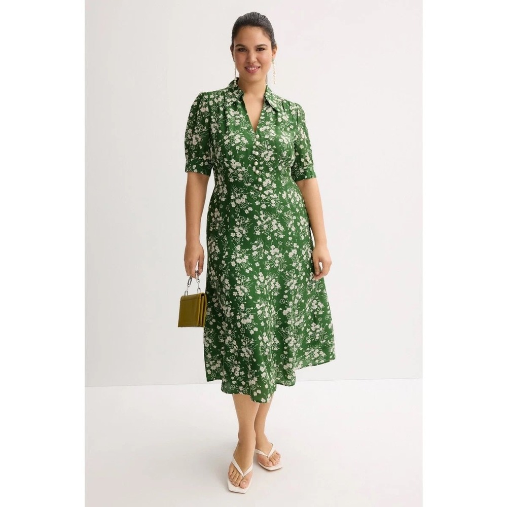 L.K. Bennett Sophie Wildflower Green Floral Silk Blend Midi Dress Size 16